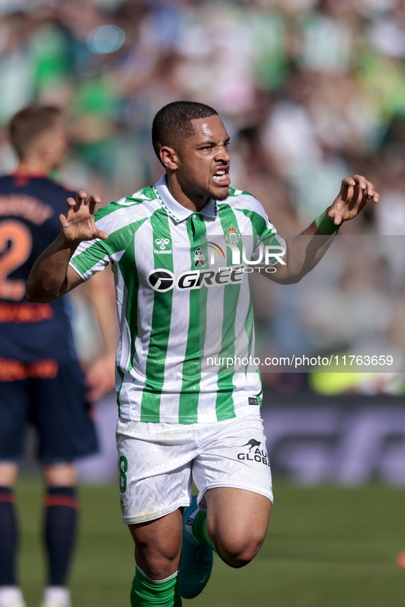 Vitor Roque of Real Betis celebrates a goal during the La Liga EA Sport match between Real Betis and RC Celta de Vigo at Benito Villamarin i...