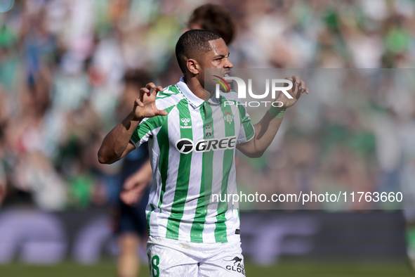 Vitor Roque of Real Betis celebrates a goal during the La Liga EA Sport match between Real Betis and RC Celta de Vigo at Benito Villamarin i...