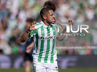 Vitor Roque of Real Betis celebrates a goal during the La Liga EA Sport match between Real Betis and RC Celta de Vigo at Benito Villamarin i...