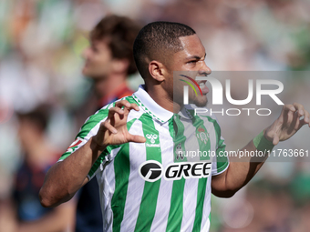 Vitor Roque of Real Betis celebrates a goal during the La Liga EA Sport match between Real Betis and RC Celta de Vigo at Benito Villamarin i...