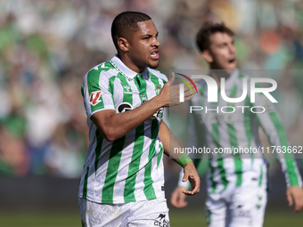 Vitor Roque of Real Betis celebrates a goal during the La Liga EA Sport match between Real Betis and RC Celta de Vigo at Benito Villamarin i...