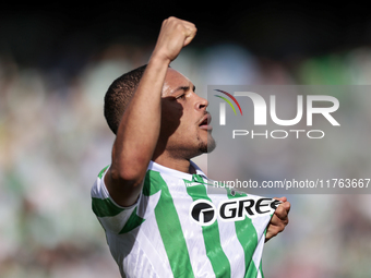 Vitor Roque of Real Betis celebrates a goal during the La Liga EA Sport match between Real Betis and RC Celta de Vigo at Benito Villamarin i...