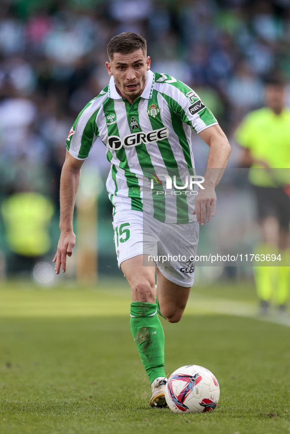 Romain Perraud of Real Betis runs with the ball during the La Liga EA Sport match between Real Betis and RC Celta de Vigo at Benito Villamar...