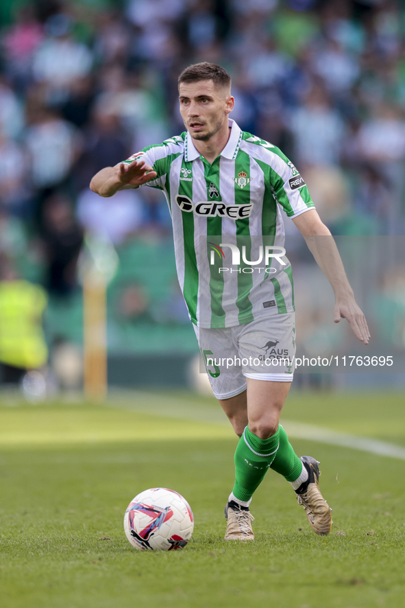 Romain Perraud of Real Betis passes the ball during the La Liga EA Sport match between Real Betis and RC Celta de Vigo at Benito Villamarin...