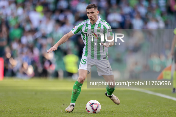 Romain Perraud of Real Betis passes the ball during the La Liga EA Sport match between Real Betis and RC Celta de Vigo at Benito Villamarin...