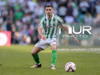 Romain Perraud of Real Betis is in action during the La Liga EA Sport match between Real Betis and RC Celta de Vigo at Benito Villamarin in...