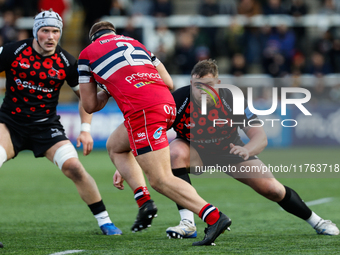 Murray McCallum of Newcastle Falcons lines up Fred Davies of Doncaster Knights for a tackle during the Premiership Cup Pool A match between...