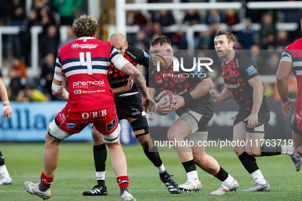 Richard Palframan of Newcastle Falcons charges during the Premiership Cup Pool A match between Newcastle Falcons and Doncaster Knights at Ki...