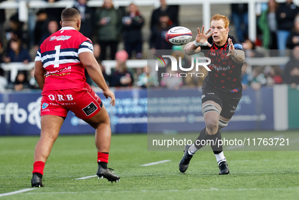 Philip van der Walt of Newcastle Falcons takes a pass during the Premiership Cup Pool A match between Newcastle Falcons and Doncaster Knight...