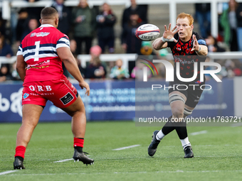 Philip van der Walt of Newcastle Falcons takes a pass during the Premiership Cup Pool A match between Newcastle Falcons and Doncaster Knight...