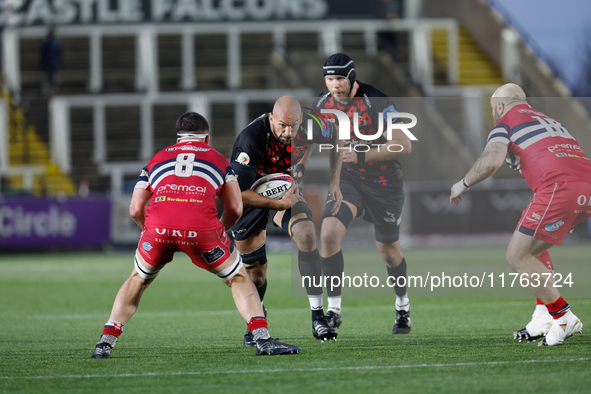 Kiran McDonald of Newcastle Falcons charges during the Premiership Cup Pool A match between Newcastle Falcons and Doncaster Knights at Kings...