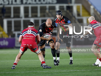 Kiran McDonald of Newcastle Falcons charges during the Premiership Cup Pool A match between Newcastle Falcons and Doncaster Knights at Kings...