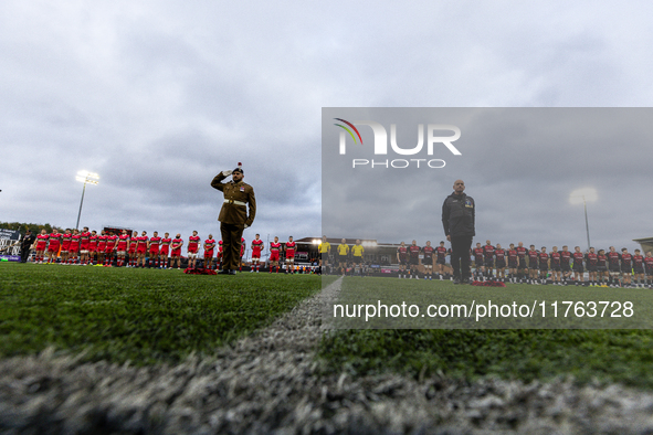 Wreaths are laid on the Kingston Park pitch for Remembrance Day before the Premiership Cup Pool A match between Newcastle Falcons and Doncas...