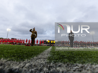 Wreaths are laid on the Kingston Park pitch for Remembrance Day before the Premiership Cup Pool A match between Newcastle Falcons and Doncas...