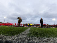 Wreaths are laid on the Kingston Park pitch for Remembrance Day before the Premiership Cup Pool A match between Newcastle Falcons and Doncas...