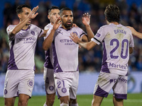 Yangel Herrera of Girona FC celebrates his goal with his teammates Bojan Miovski (left) and Bryan Gil (right) during the La Liga EA Sports 2...