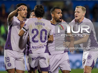 Yangel Herrera of Girona FC (C) celebrates his goal with his teammates (from L to R) Bojan Miovski, Bryan Gil, and Donny van de Beek during...