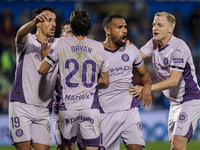 Yangel Herrera of Girona FC (C) celebrates his goal with his teammates (from L to R) Bojan Miovski, Bryan Gil, and Donny van de Beek during...