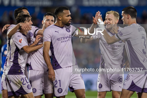 Yangel Herrera of Girona FC (center) celebrates his goal with his teammates (from left to right) Bojan Miovski, Bryan Gil, Donny van de Beek...