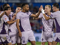 Yangel Herrera of Girona FC (center) celebrates his goal with his teammates (from left to right) Bojan Miovski, Bryan Gil, Donny van de Beek...