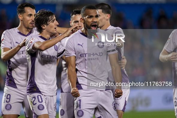 Yangel Herrera of Girona FC (C) celebrates his goal with his teammates (from L to R) Bojan Miovski, Bryan Gil, and Miguel Gutierrez during t...