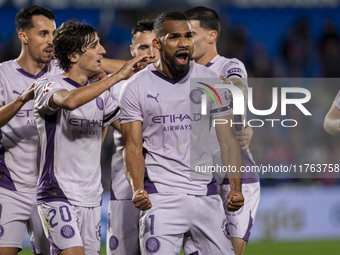 Yangel Herrera of Girona FC (C) celebrates his goal with his teammates (from L to R) Bojan Miovski, Bryan Gil, and Miguel Gutierrez during t...