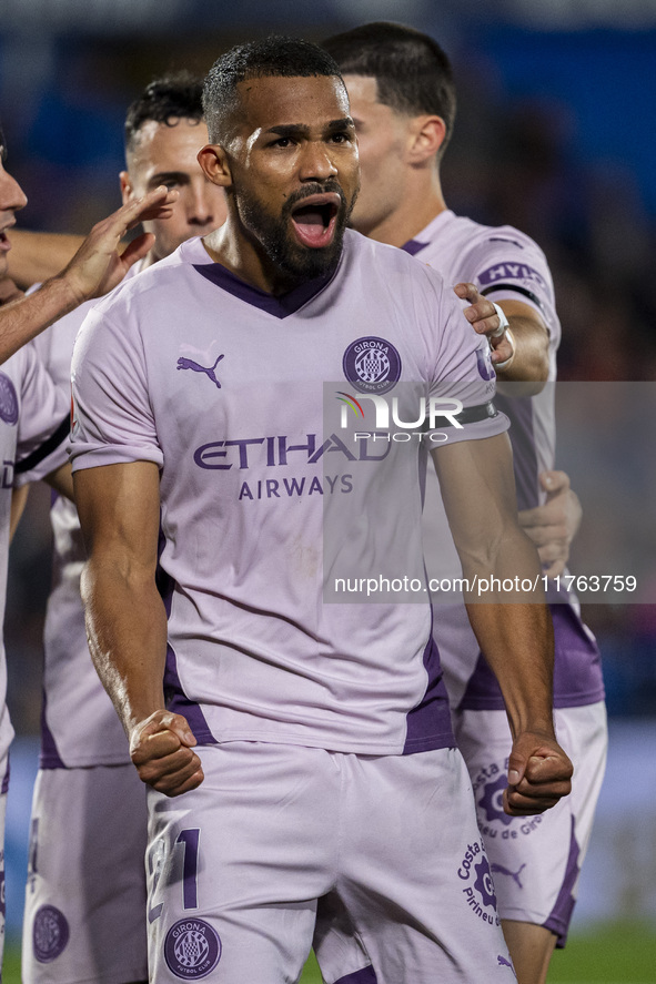 Yangel Herrera of Girona FC (C) celebrates his goal during the La Liga EA Sports 2024/25 football match between Getafe CF and Girona FC at E...