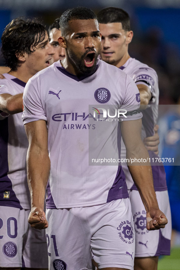 Yangel Herrera of Girona FC (C) celebrates his goal during the La Liga EA Sports 2024/25 football match between Getafe CF and Girona FC at E...