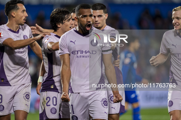 Yangel Herrera of Girona FC (C) celebrates his goal with his teammates (from L to R) Bojan Miovski, Bryan Gil, and Miguel Gutierrez during t...