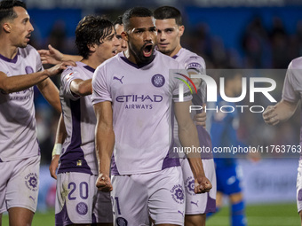 Yangel Herrera of Girona FC (C) celebrates his goal with his teammates (from L to R) Bojan Miovski, Bryan Gil, and Miguel Gutierrez during t...