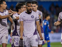 Yangel Herrera of Girona FC (C) celebrates his goal with his teammates (from L to R) Bojan Miovski, Bryan Gil, and Miguel Gutierrez during t...