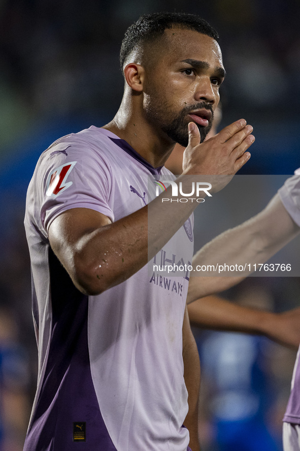 Yangel Herrera of Girona FC (C) celebrates his goal during the La Liga EA Sports 2024/25 football match between Getafe CF and Girona FC at E...