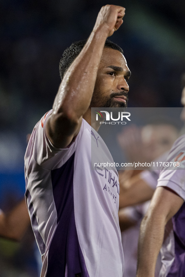 Yangel Herrera of Girona FC (C) celebrates his goal during the La Liga EA Sports 2024/25 football match between Getafe CF and Girona FC at E...