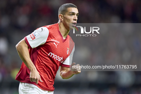 Amine El Ouazzani of SC Braga reacts during the Liga Portugal Betclic match between SC Braga and Sporting CP at Estadio Municipal de Braga i...