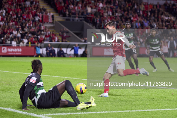 Ricardo Horta of SC Braga shoots on goal and scores his team's first goal during the Liga Portugal Betclic match between SC Braga and Sporti...