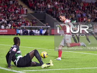 Ricardo Horta of SC Braga shoots on goal and scores his team's first goal during the Liga Portugal Betclic match between SC Braga and Sporti...