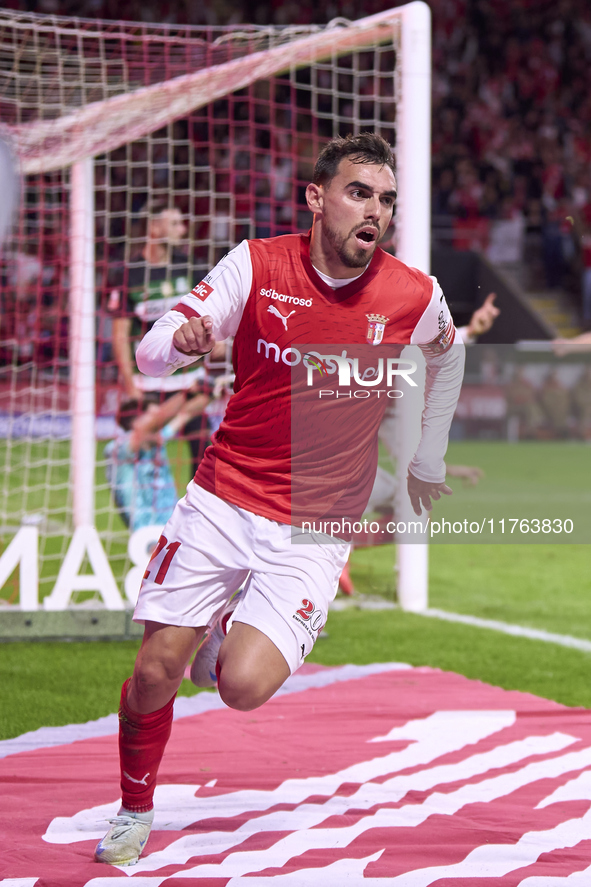 Ricardo Horta of SC Braga celebrates after scoring his team's first goal during the Liga Portugal Betclic match between SC Braga and Sportin...