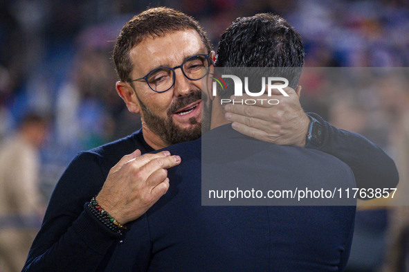 Jose Bordalas, head coach of Getafe CF, cheers Miguel Angel Sanchez (Michel), head coach of Girona FC, during the La Liga EA Sports 2024/25...