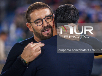 Jose Bordalas, head coach of Getafe CF, cheers Miguel Angel Sanchez (Michel), head coach of Girona FC, during the La Liga EA Sports 2024/25...