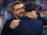 Jose Bordalas, head coach of Getafe CF, cheers Miguel Angel Sanchez (Michel), head coach of Girona FC, during the La Liga EA Sports 2024/25...