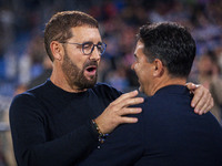 Jose Bordalas, head coach of Getafe CF, cheers Miguel Angel Sanchez (Michel), head coach of Girona FC, during the La Liga EA Sports 2024/25...