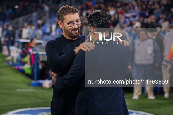 Jose Bordalas, head coach of Getafe CF, cheers Miguel Angel Sanchez (Michel), head coach of Girona FC, during the La Liga EA Sports 2024/25...