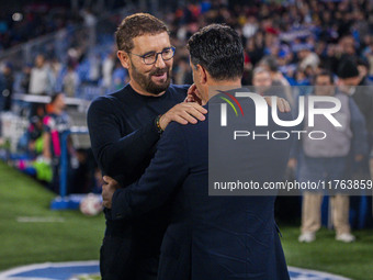 Jose Bordalas, head coach of Getafe CF, cheers Miguel Angel Sanchez (Michel), head coach of Girona FC, during the La Liga EA Sports 2024/25...