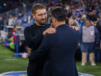 Jose Bordalas, head coach of Getafe CF, cheers Miguel Angel Sanchez (Michel), head coach of Girona FC, during the La Liga EA Sports 2024/25...