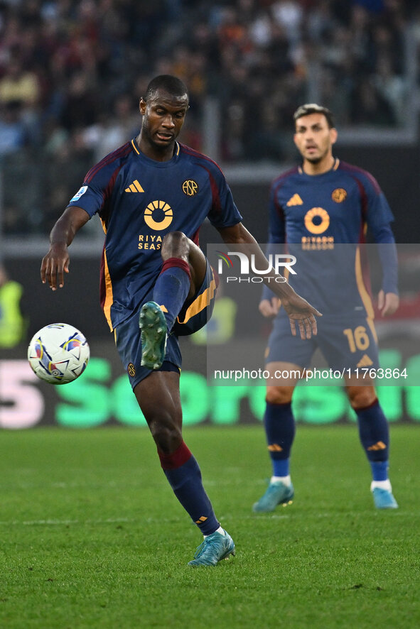 Evan Ndicka of A.S. Roma is in action during the 12th day of the Serie A Championship between A.S. Roma and Bologna F.C. at the Olympic Stad...