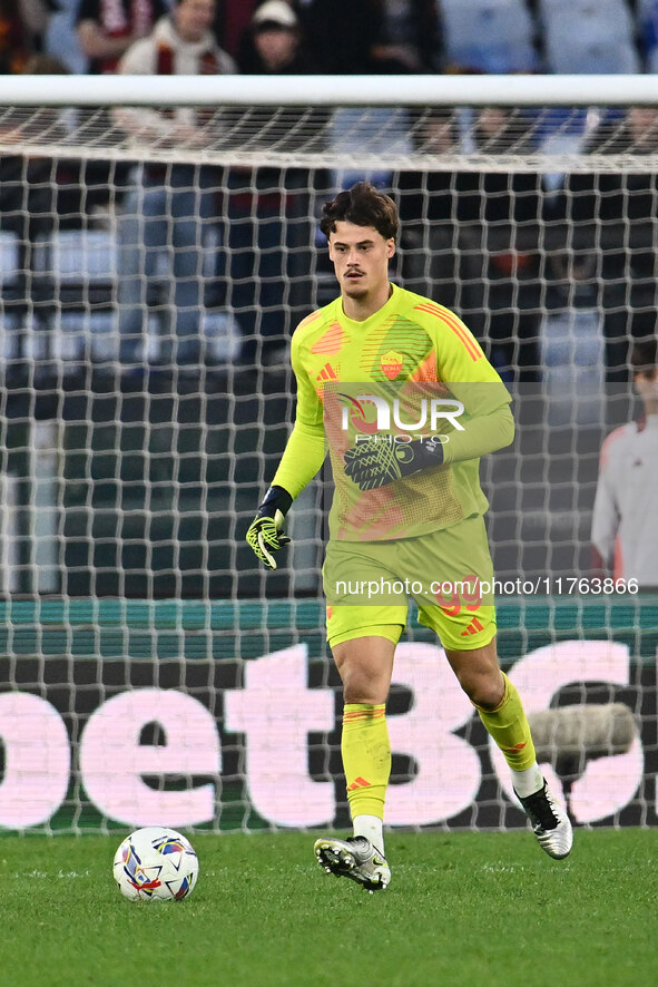 Mile Svilar of A.S. Roma is in action during the 12th day of the Serie A Championship between A.S. Roma and Bologna F.C. at the Olympic Stad...