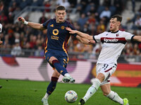 Artem Dovbyk of A.S. Roma and Sam Beukema of Bologna F.C. are in action during the 12th day of the Serie A Championship between A.S. Roma an...