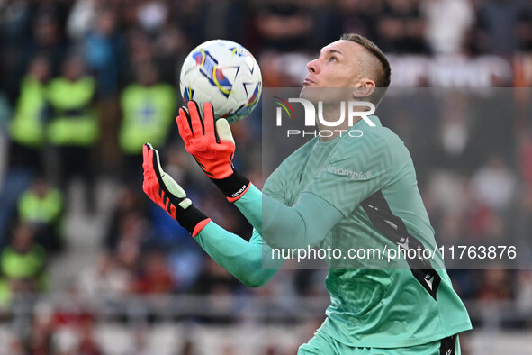 Lukasz Skorupski of Bologna F.C. is in action during the 12th day of the Serie A Championship between A.S. Roma and Bologna F.C. at the Olym...