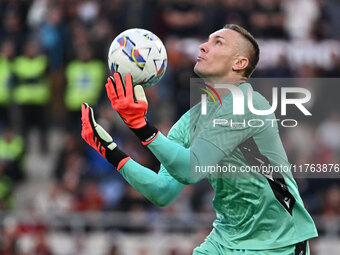 Lukasz Skorupski of Bologna F.C. is in action during the 12th day of the Serie A Championship between A.S. Roma and Bologna F.C. at the Olym...