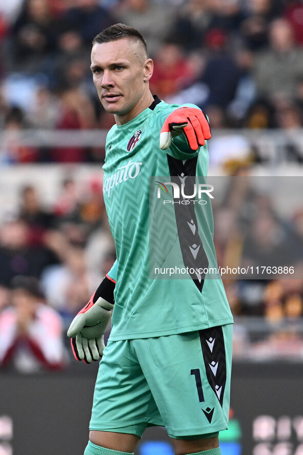 Lukasz Skorupski of Bologna F.C. participates in the 12th day of the Serie A Championship between A.S. Roma and Bologna F.C. at the Olympic...